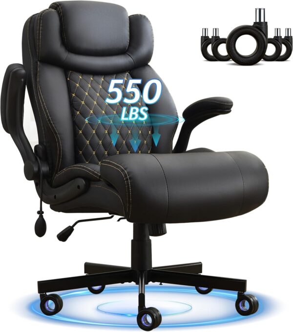 550LBS Big and Tall Office Chair with Air-Adjust Lumbar Support for Back Pain,Breathable PU Leather Desk Computer Chair Double Space Caster Safe for All Floors,Wide Cushion Executive Home Office Chair
