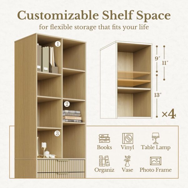 Home Office Furniture Set, 70" Standing Desk with 4 Drawer File Cabinet and 73'' Bookcase, Executive Desk with AC/USB, Tall Bookshelf with Drawers, Fluted Style Light Walnut