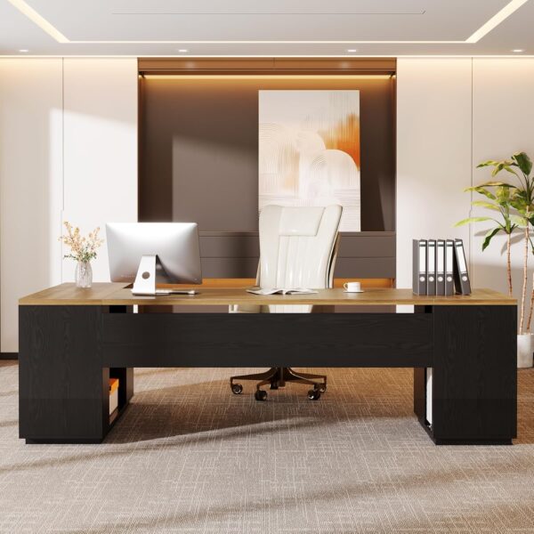 Tribesigns 85.8-Inch L-Shaped Executive Desk, Extra Large Modern Office Desk with File Drawers, Door Cabinet & Shelves, Commercial Office Table, Home Business Workstation, Brown & Black