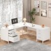 TVU 59’’ L Shaped Desk with 6 Drawers, Large Home Office Corner Computer Desk with Storage File Cabinet, Modern Metal Wood Desk for Executive Writing Study Workstation (White)