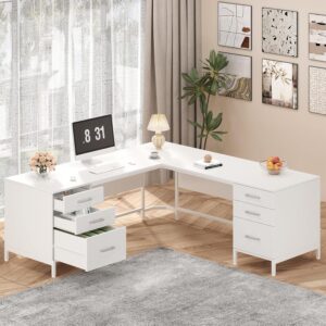 TVU 59’’ L Shaped Desk with 6 Drawers, Large Home Office Corner Computer Desk with Storage File Cabinet, Modern Metal Wood Desk for Executive Writing Study Workstation (White)