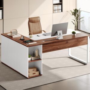 918JYiTDrOL._AC_SL1500_.jpg YITAHOME Executive Desk with Power Outlets, 71" L Shaped Desk with File Cabinet, Executive Desk with Drawers & Storage Shelves, Corner Office Desk with Bookshelf for Home Office, Walnut & White
