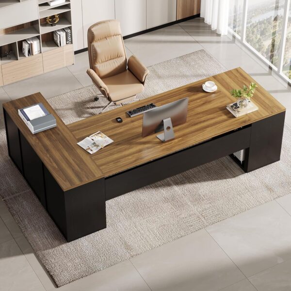Tribesigns 85.8-Inch L-Shaped Executive Desk, Extra Large Modern Office Desk with File Drawers, Door Cabinet & Shelves, Commercial Office Table, Home Business Workstation, Brown & Black