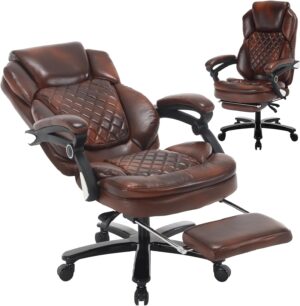 400lb Big Tall Recliner Office Chairs with Footrest PU Leather High Back Reclining Desk Chairs with Wheels, Plus Size Home Office Napping Managerial Executive Chair (Black Brown)