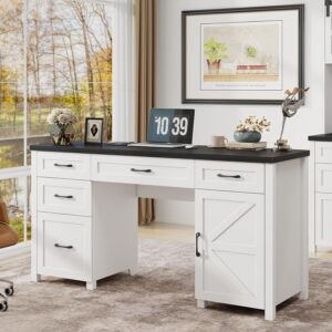 Farmhouse 61" Executive Desk with 5 Drawers,Rustic Office Computer Desk with Charging Station,File Drawers and Storage Cabinet, Wood Workstation for Home Office and Study, Black.