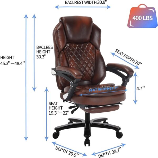 400lb Big Tall Recliner Office Chairs with Footrest PU Leather High Back Reclining Desk Chairs with Wheels, Plus Size Home Office Napping Managerial Executive Chair (Black Brown)