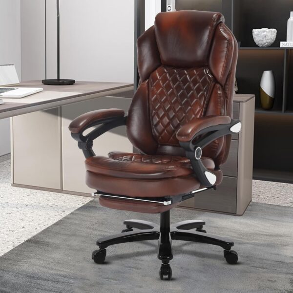 400lb Big Tall Recliner Office Chairs with Footrest PU Leather High Back Reclining Desk Chairs with Wheels, Plus Size Home Office Napping Managerial Executive Chair (Black Brown)