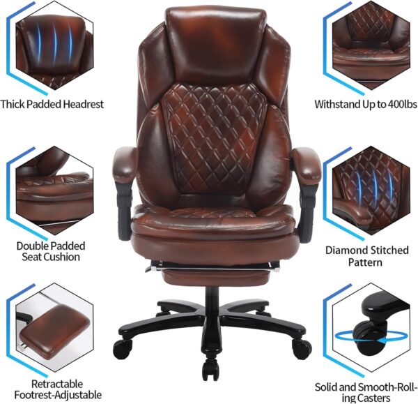 400lb Big Tall Recliner Office Chairs with Footrest PU Leather High Back Reclining Desk Chairs with Wheels, Plus Size Home Office Napping Managerial Executive Chair (Black Brown)