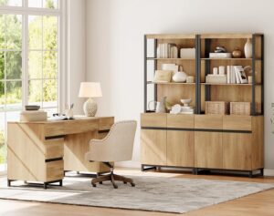 WAMPAT Home Office Furniture Set: 59in Modern Executive Desk with Charging Station & Drawers and 2 PCS 72in Tall Bookcases with Storage Cabinet, Home Office Furniture for Living Room, Oak