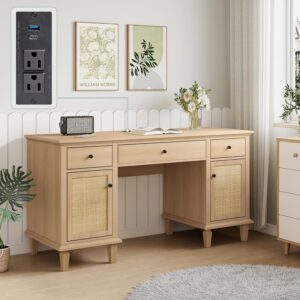 81UKRpHGe2L._AC_SL1500_.jpg Yechen 58" Modern Executive Desk with Natural Rattan Door, Boho Writing Desk with 3 Drawers & 2 Cabinet for Study, Work, Computer, Golden Oak