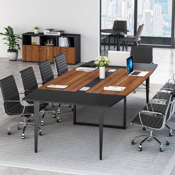 Tribesigns 8FT Conference Table, 94.48L x 47.24W x 29.52H Inches Boat Shaped Meeting Table with Rectangle Grommet, Modern Seminar Boardroom Table for Office Conference Room (8ft, Walnut & Black)