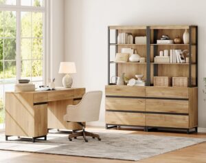 WAMPAT Home Office Furniture Set: 59" Executive Desk with Charging Station and Storage Cabinet, 72" Tall Bookcase with 6 Drawers, Modern Computer Desk and Library Shelf for Work Study, Oak