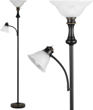 71'' Torchiere Floor Lamp for Bedroom with Glass Shade, Tall Floor Lamps for Living Room with Adjustable Angle Arc Reading Light, Modern Standing Light, Knob Switch, Bulb Included, Black