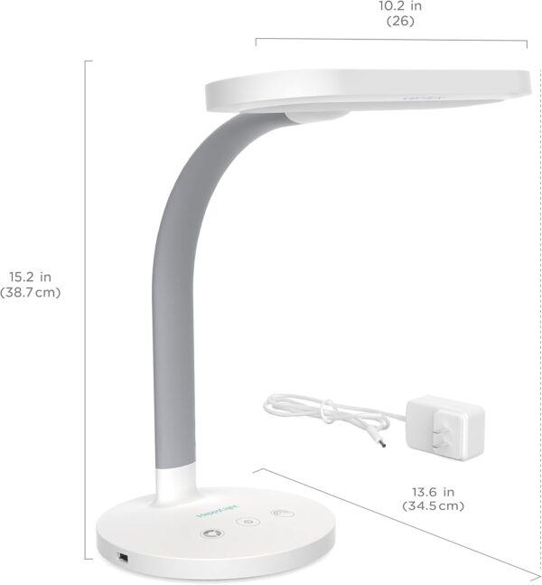 Verilux HappyLight Duo - 2-in-1 Light Therapy & Task Desk Lamp - UV-Free Full Spectrum LED, 10,000 LUX, Adjustable Brightness and Color, Flexible Gooseneck, and Integrated USB Charging Port