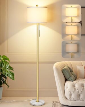 【Upgraded】 Dimmable Gold Floor Lamps for Living Room, 63in Modern Standing Lamp with Marble Base, Tall Pole Light with White Linen Shade for Bedroom Reading Office Corner Nursery