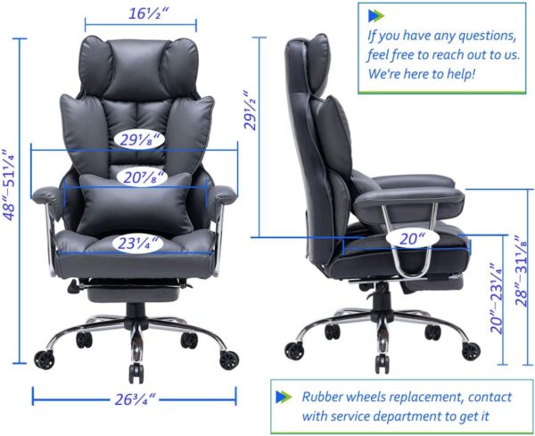 61VLygoNVEL._AC_SL1200_.jpg Efomao Big and Tall Office Chair with Footrest, 400LBS PU Leather High Back Executive Office Chair with Lumbar Support, Wide Computer Chair for Home Office, Dark Grey