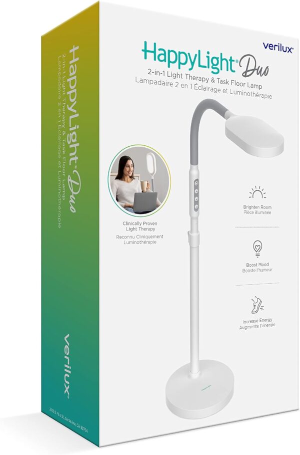 Verilux HappyLight Duo - 2-in-1 Light Therapy & Task Floor Lamp - UV-Free Full Spectrum LED, 10,000 LUX, Adjustable Brightness and Color, Flexible Gooseneck, and Adjustable Height