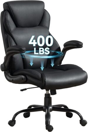 61vATItA0cL._AC_SL1500_.jpg 400LBS Big and Tall Office Chair, Leather Executive Desk Chair with Padded Flip-up Arms, Heavy Duty Swivel Rolling Computer Chair for Home Office, Black