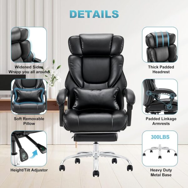 712j0L8bbL._AC_SL1500_.jpg COLAMY Office Chair with Retractable Footrest, Ergonomic High Back Design Executive Computer Desk Chair with Removable Lumbar Pillow, 90-135°Reclining, Thick Bonded Leather for Home Office Work, Black