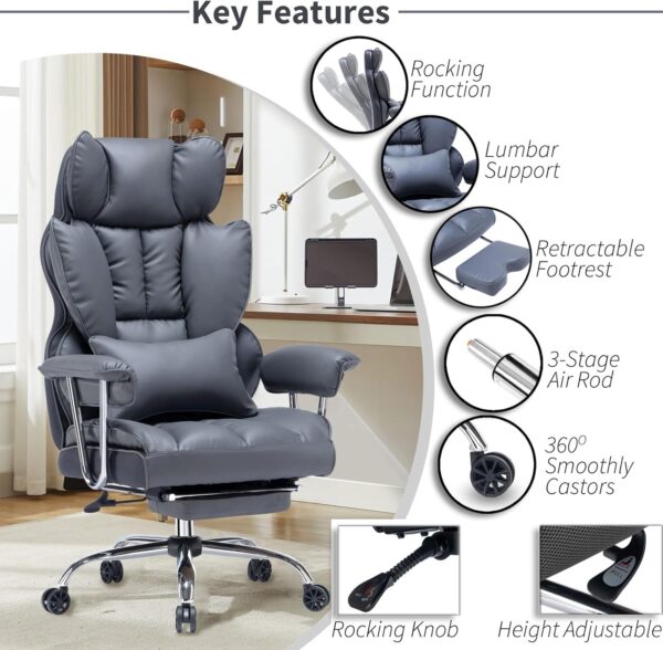 71EDBztPEUL._AC_SL1500_.jpg Efomao Big and Tall Office Chair with Footrest, 400LBS PU Leather High Back Executive Office Chair with Lumbar Support, Wide Computer Chair for Home Office, Dark Grey