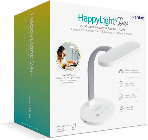 Verilux HappyLight Duo - 2-in-1 Light Therapy & Task Desk Lamp - UV-Free Full Spectrum LED, 10,000 LUX, Adjustable Brightness and Color, Flexible Gooseneck, and Integrated USB Charging Port