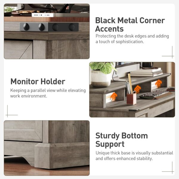 55'' Farmhouse Executive Desk with Drawers, Home Office Desk with File Cabinet and Storage Shelf, Charging Station, Computer Desk with Monitor Stand, Writing Gaming Desk, Greige