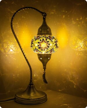 Yarra-Decor Turkish Moroccan Mosaic Table Lamp with Bronze Base - 3 Color Options Handmade Swan Neck Tiffany Mosaic Glass Bedside Lamps for Bedroom, 19" Yellow1(LED Bulb Included)