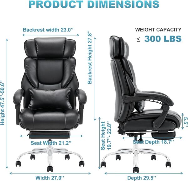 71rpGjTy1RL._AC_SL1500_.jpg COLAMY Office Chair with Retractable Footrest, Ergonomic High Back Design Executive Computer Desk Chair with Removable Lumbar Pillow, 90-135°Reclining, Thick Bonded Leather for Home Office Work, Black