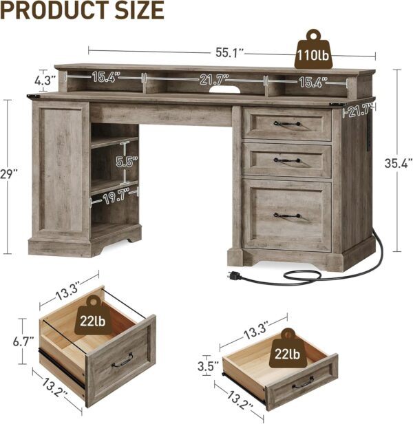 55'' Farmhouse Executive Desk with Drawers, Home Office Desk with File Cabinet and Storage Shelf, Charging Station, Computer Desk with Monitor Stand, Writing Gaming Desk, Greige