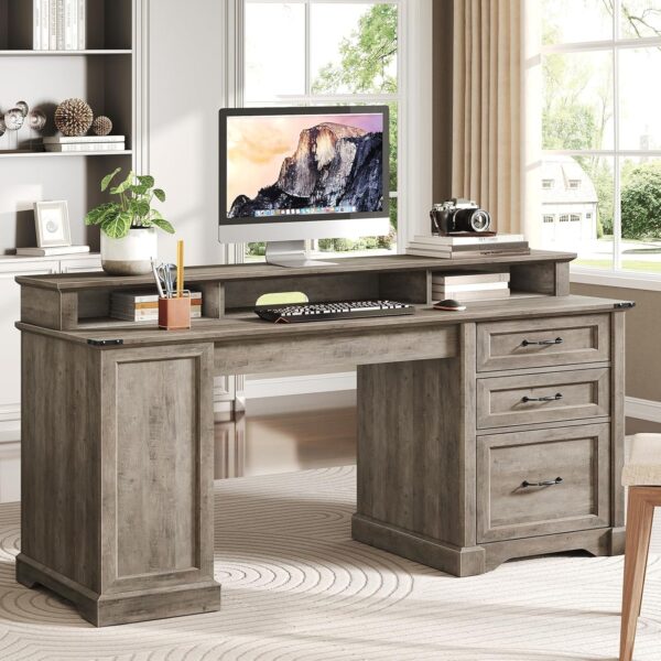 55'' Farmhouse Executive Desk with Drawers, Home Office Desk with File Cabinet and Storage Shelf, Charging Station, Computer Desk with Monitor Stand, Writing Gaming Desk, Greige