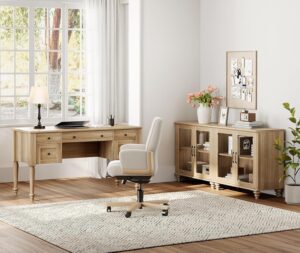 WAMPAT Home Office Furniture Set, 56'' Executive Desk with Charging Station, 2-in-1 Cabinet with Glass Doors, Wood Computer Desk with File Cabinet Storage, Open Shelf, Oak