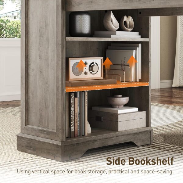 55'' Farmhouse Executive Desk with Drawers, Home Office Desk with File Cabinet and Storage Shelf, Charging Station, Computer Desk with Monitor Stand, Writing Gaming Desk, Greige