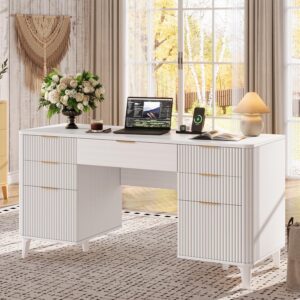 91LdZdzYtkL._AC_SL1500_.jpg 55.1" Fluted Executive Desk with Drawers, White Desk with Storage Cabinet, Home Office Desk with Charging Station, Farmhouse Desk with File Cabinet for Office Home