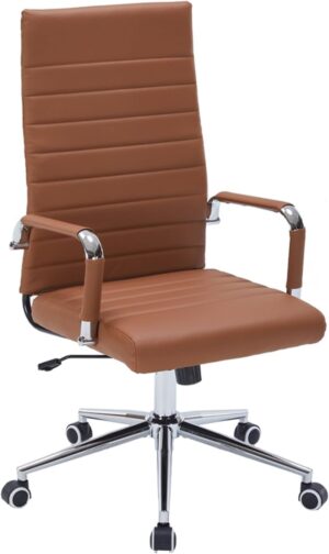 Leather Ribbed Office Desk Chair, Ergonomic High-Back Executive Conference Room Chairs with Wheels, Adjustable Swivel Computer Task Chair with Arms and Thick Padded Seat (Brown)