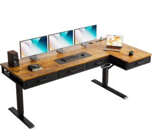 OffiGo 63 Inch L Shaped Electric Standing Desk with Drawers, Height Adjustable Large Desk with Power Outlets, Sit Stand Table, Writing Computer Desk for Home, Office, Workstation, Rustic Brown