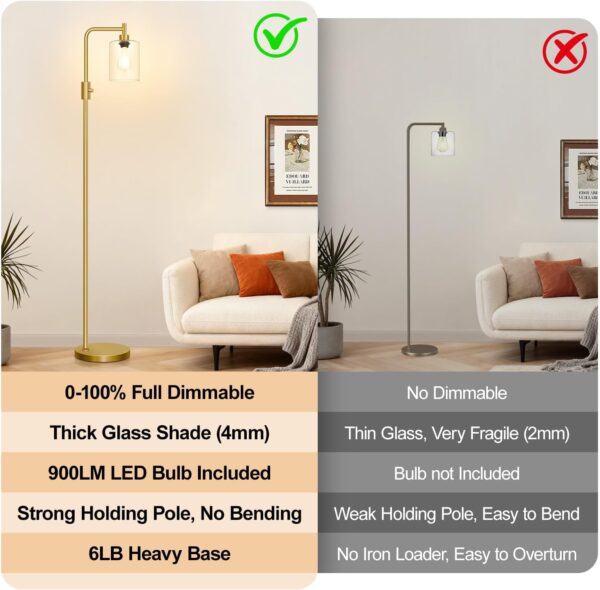 【Upgraded】Dimmable Gold Floor Lamp for Living Room with Clear Glass Lampshade, Glass Modern Floor Lamp with 900LM Edison Bulb Included, Standing Tall Lamp for Bedroom, Office, Reading Room, Corner
