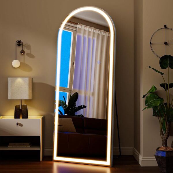 VooBang 56"x21" LED Mirror Full Length - Arched Floor Body Mirror with Dimmable Lights - 3 Color Modes, Standing Leaning Wall Mounted for Bedroom, Dressing Room