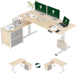 FLEXISPOT 63'' L Shaped Reversible Standing Desk with Drawers and Shelves, Large Corner Stand Up Executive Desk for Home Office, Light Wood Grain Top+ White Frame