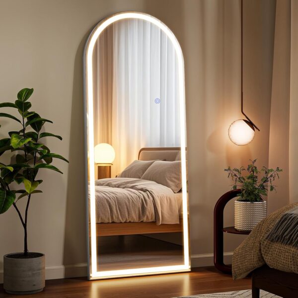 VooBang 56"x21" LED Mirror Full Length - Arched Floor Body Mirror with Dimmable Lights - 3 Color Modes, Standing Leaning Wall Mounted for Bedroom, Dressing Room
