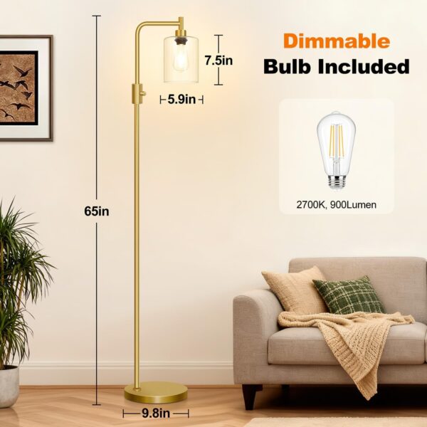 【Upgraded】Dimmable Gold Floor Lamp for Living Room with Clear Glass Lampshade, Glass Modern Floor Lamp with 900LM Edison Bulb Included, Standing Tall Lamp for Bedroom, Office, Reading Room, Corner