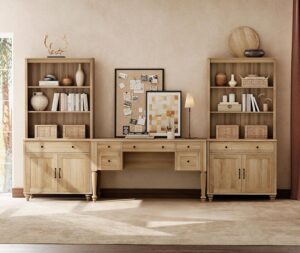 WAMPAT Home Office Furniture Set, 56'' Executive Desk with Charging Station, 72" Tall Bookcase with 4 Doors and 2 Drawers, Wood Computer Desk with File Cabinet Storage, Open Shelf, Oak