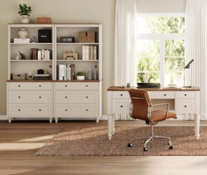 WAMPAT Home Office Furniture Set, 56" Executive Desk with Charging Station, 72" Tall Bookcase with 6 Drawers, Wood Computer Desk with File Cabinet Storage, Open Shelf, White