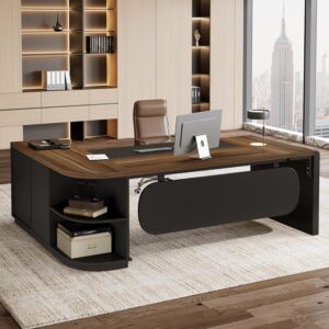 Tribesigns L-Shaped Office Desk, 81-Inch Large Executive Desk with Drawers and File Cabinet, Modern Business Furniture with Storage Shelves for Home Office, Brown & Black