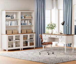 WAMPAT Home Office Furniture Set, 56" Executive Desk with Charging Station, 72" Tall Bookcase with 4 Glass Doors, Wood Computer Desk with File Cabinet Storage, Open Shelf, White