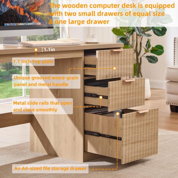 48" Modern Fluted Executive Desk with Storage Cabinet, Natural Wood Home Office Desk with File Drawer & Metal Handles, Large Computer Writing Table for Office,Study, Living Room, Bedroom