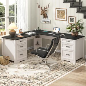 Vabches Wood L Shaped Executive Desk with 6 Drawers, Farmhouse Home Office Desk with Power Outlets and Triangle Under-Desk Storage Shelf & Drawer File Cabinet, Corner Computer Desk, Black