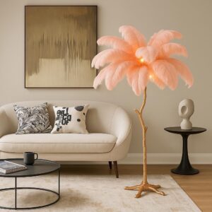 67" Tall Dimmable Floor Lamp with Real Ostrich Feathers - 35 Piece Pink Feather Light, Adjustable Brightness for Living Room, Bedroom, Office, Easy Assembly Modern Home Decor
