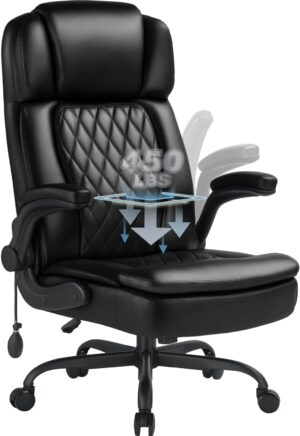 61GjA9LzbyL._AC_SL1500_.jpg 450LBS Big and Tall Executive Office Chair with Flip up Arm, Heavy Duty PU Leather Computer Desk Chair,Comfortable High Back Swivel Home Office Chair with Rolling for Adults,Spring Cushion,Metal Base