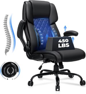Big and Tall Office Chair 450lbs Heavy Duty Ergonomic Executive Desk Chair with Adjustable Lumbar Support High Back Home Computer Leather Chair with Padded Flip-up Arms for Heavy People Black