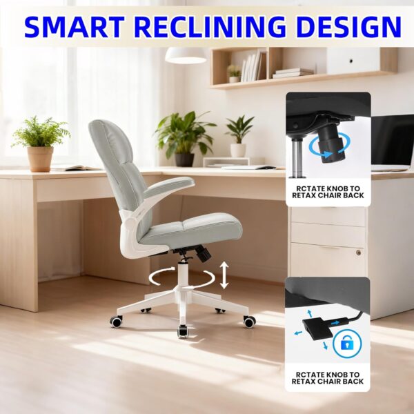 Ergonomic Home Office Desk Chair with Space Saving Flip-Up Arms, 360° Swivel & Reclining Back, Executive Chair in Soft Faux Leather Chair Multi-Angle from 90° to 135° with 450LBS Capacity（Gray）